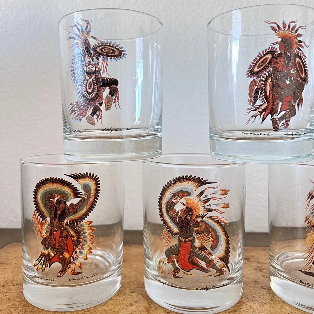 Vintage Rare Woody Crumbo Native American Indian Clear Glasses‎ Set of 7